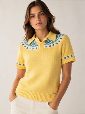 Polo Ralph Lauren Short Sleeve Knit Sweater Fair Isle Collared Polo Shirt Cotton